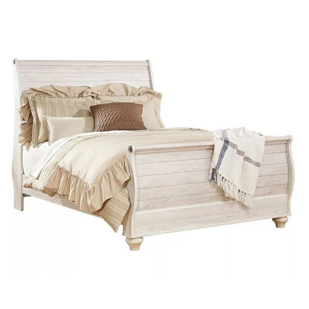 Isla Queen Sleigh Bed | Faux Planks | Carved Metal Accent | Whitewash Wood