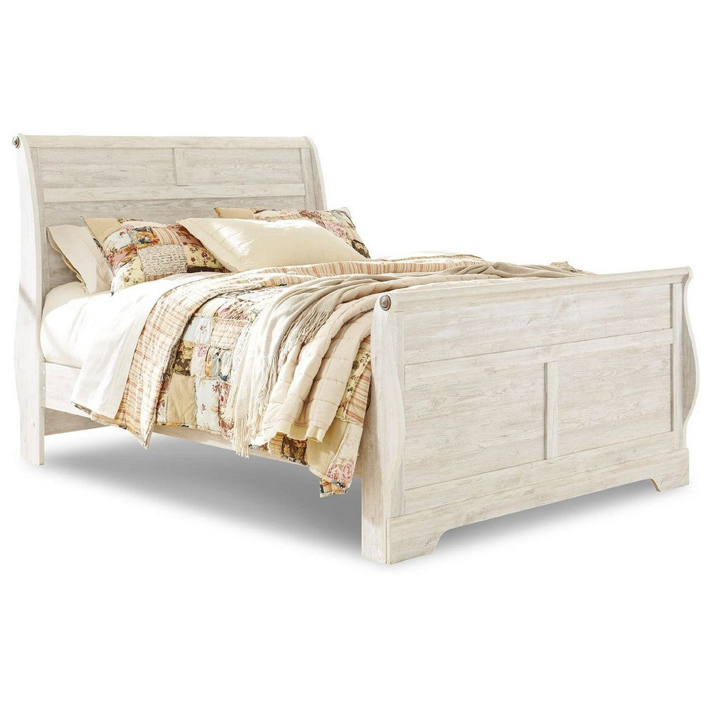 Isla Queen Sleigh Bed | Faux Planks | Farmhouse Whitewash Wood | Bronze