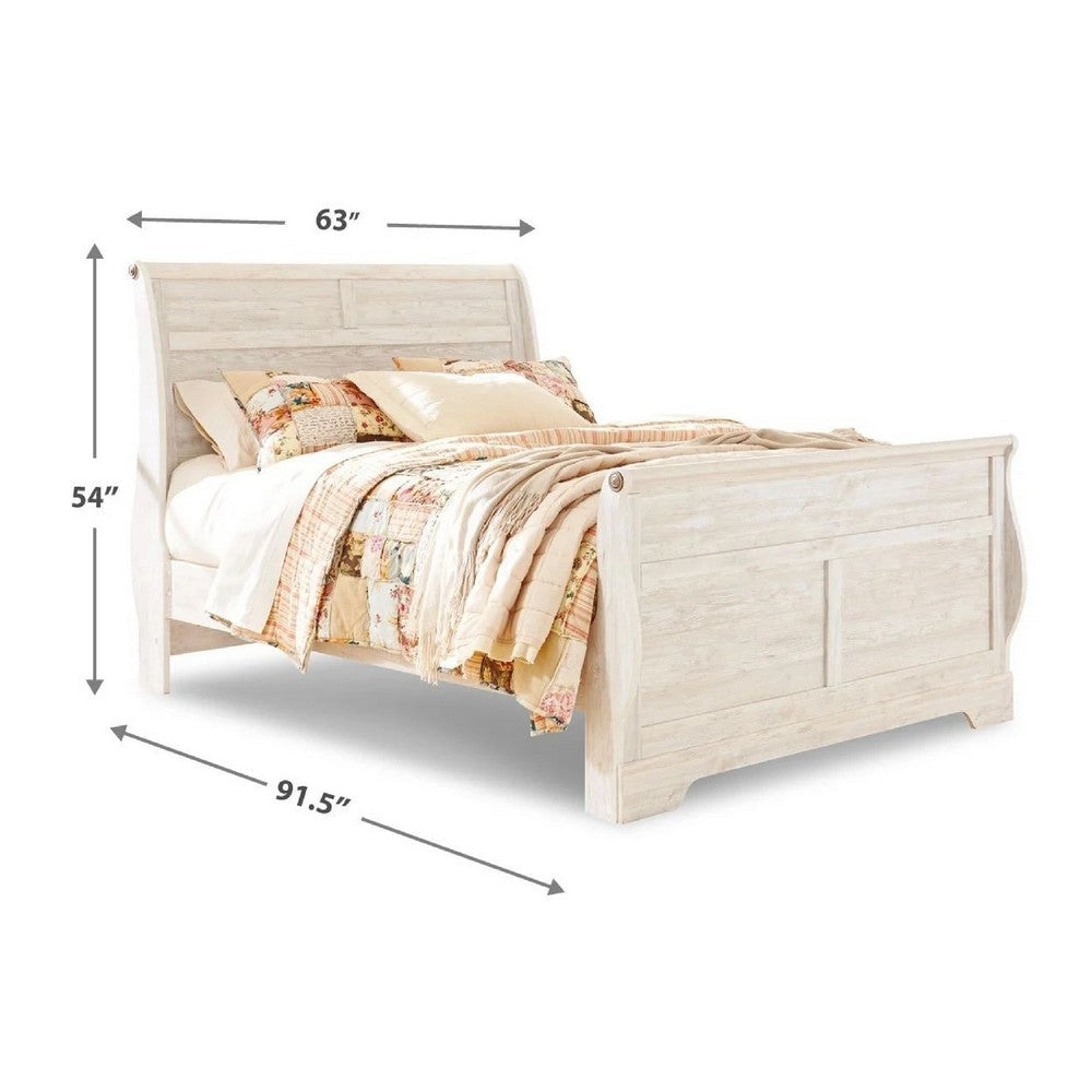 Isla Queen Sleigh Bed | Faux Planks | Farmhouse Whitewash Wood | Bronze