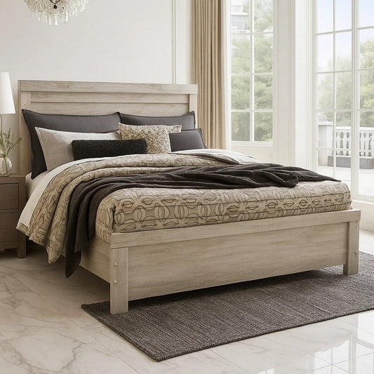 Simon Queen Panel Bed | Bordered Headboard & Footboard | Whitewash Wood