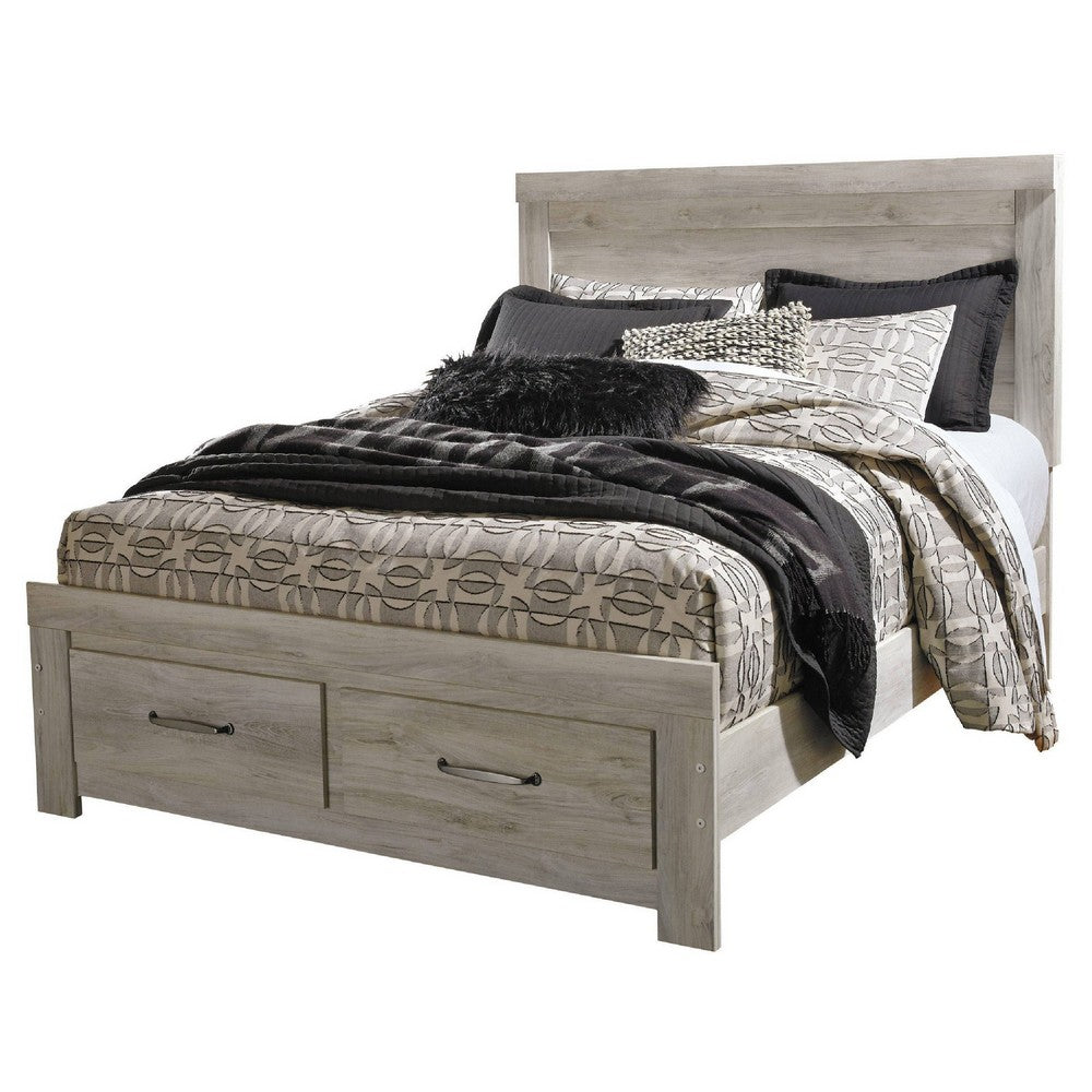 Simon Queen Platform Bed | 2 Drawer Footboard | Weathered Whitewash Wood