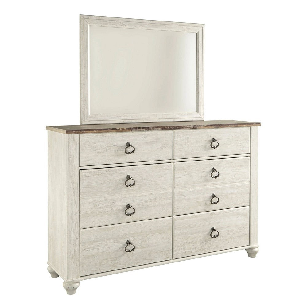 Isla Dresser & Mirror Set | 6 Drawers | Brown Faux Plank Top | Whitewash