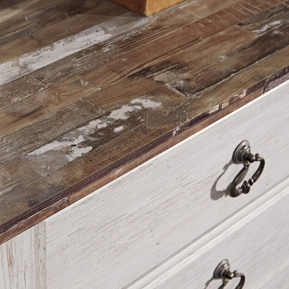 Isla Dresser & Mirror Set | 6 Drawers | Brown Faux Plank Top | Whitewash