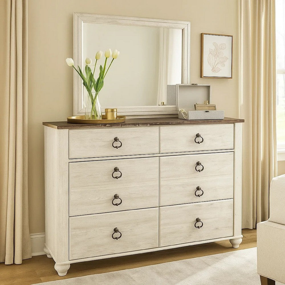 Isla Dresser & Mirror Set | 6 Drawers | Brown Faux Plank Top | Whitewash