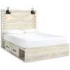 Cemy Rustic Queen Panel Bed | 2 Sconce Lights & Drawers | Whitewash