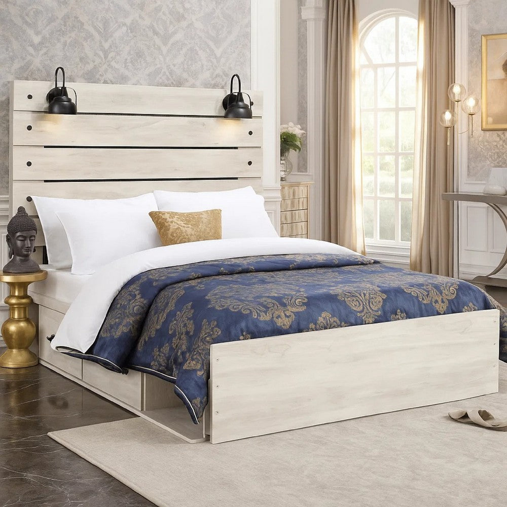 Cemy Rustic Queen Panel Bed | 2 Sconce Lights & Drawers | Whitewash
