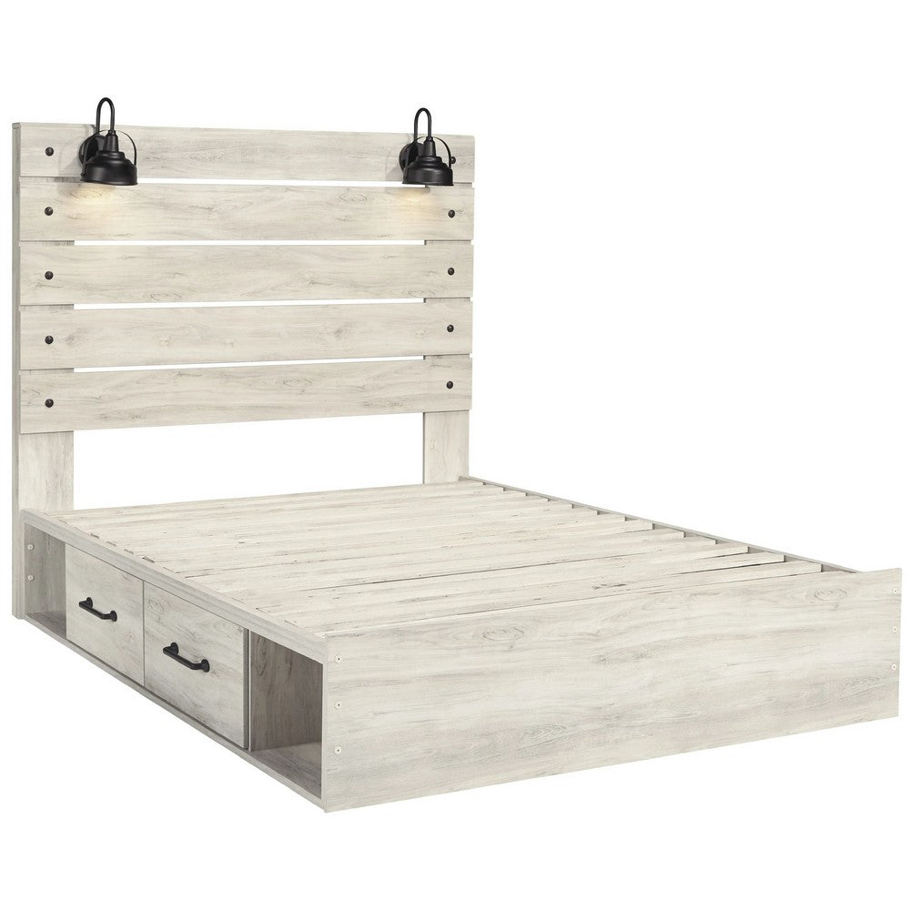 Cemy Rustic King Panel Bed | 2 Sconce Lights & Drawers | Whitewash