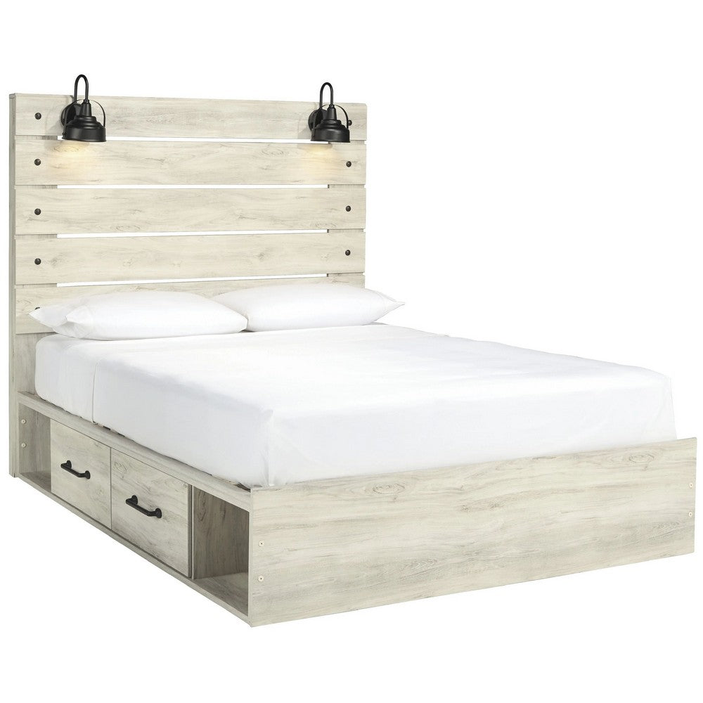 Cemy Rustic King Panel Bed | 2 Sconce Lights & Drawers | Whitewash