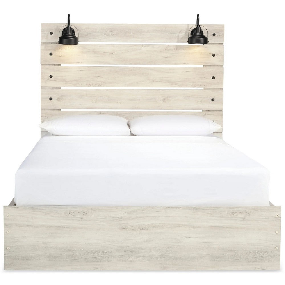 Cemy Rustic King Panel Bed | 2 Sconce Lights & Drawers | Whitewash
