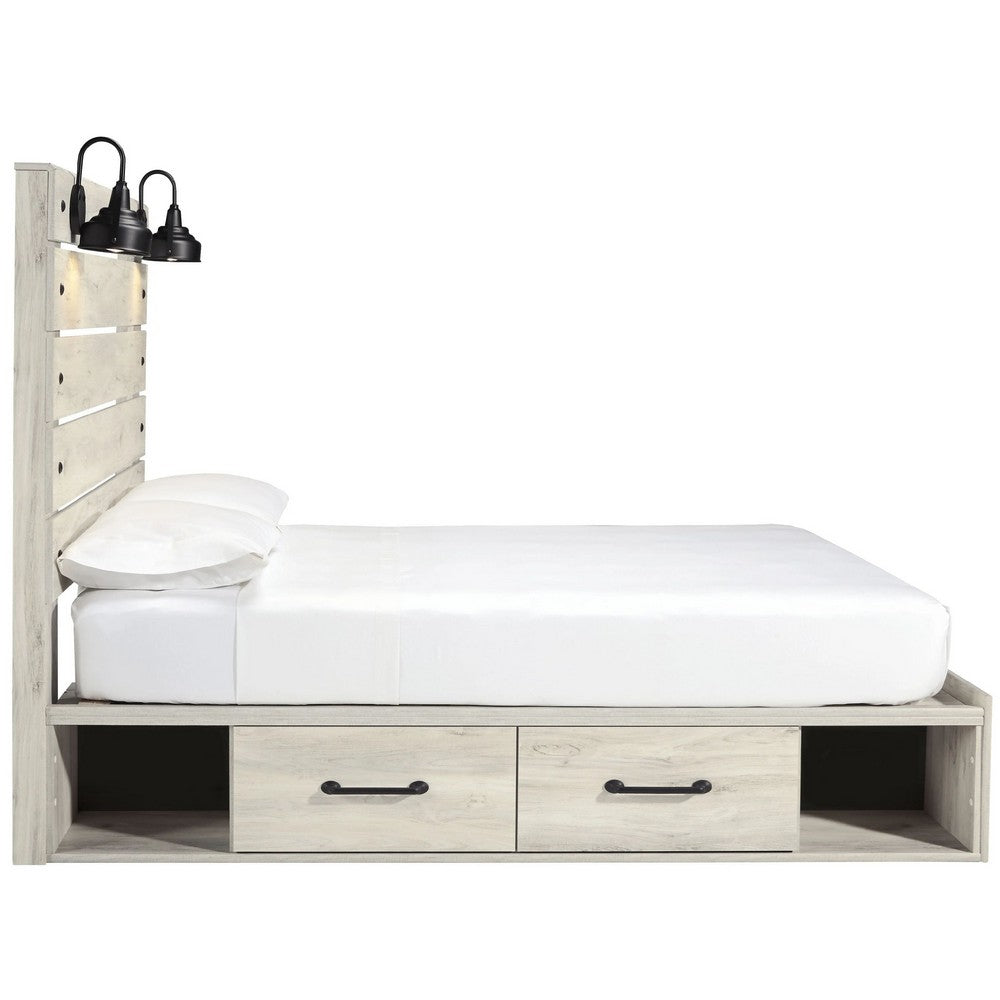 Cemy Rustic King Panel Bed | 2 Sconce Lights & Drawers | Whitewash