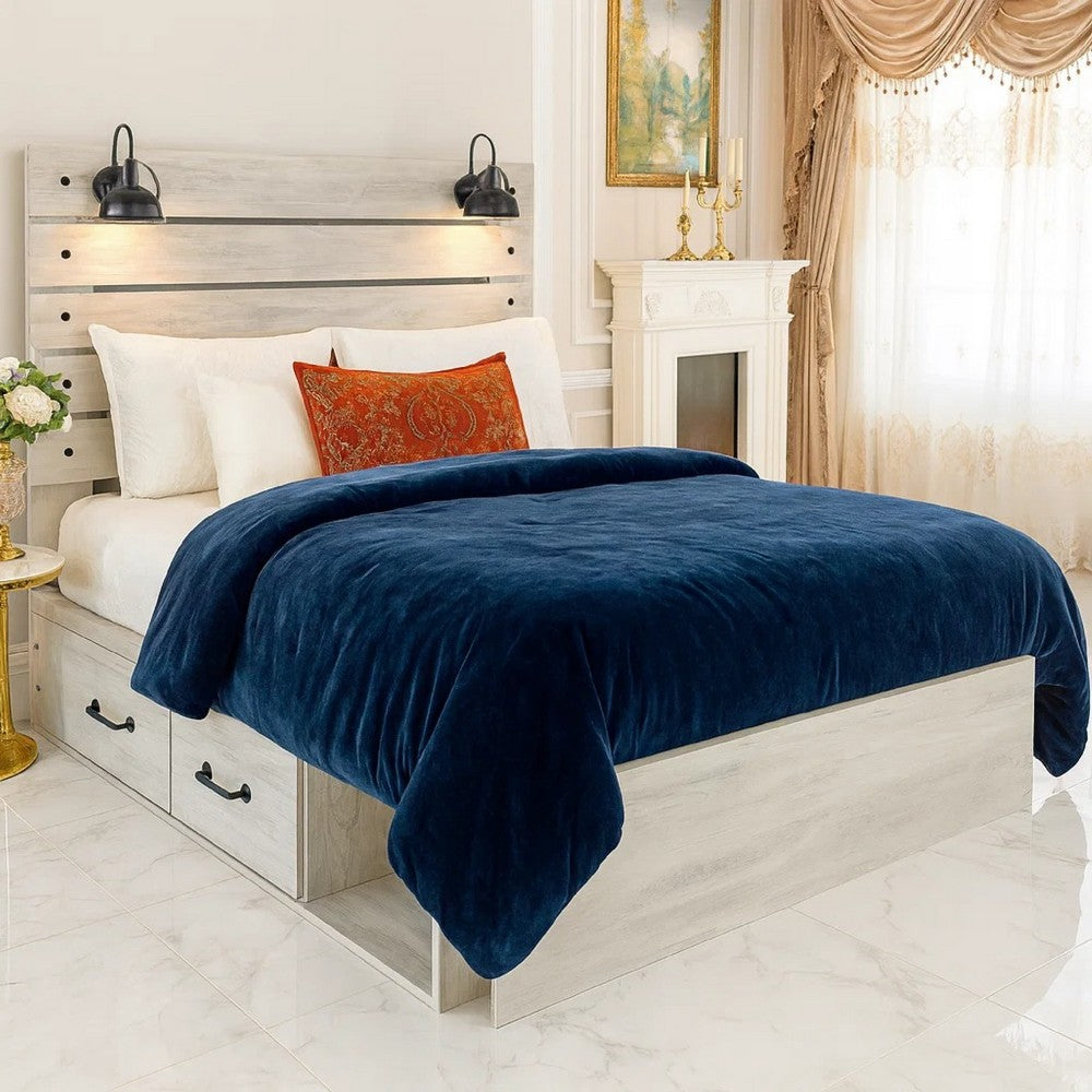 Cemy Rustic King Panel Bed | 2 Sconce Lights & Drawers | Whitewash