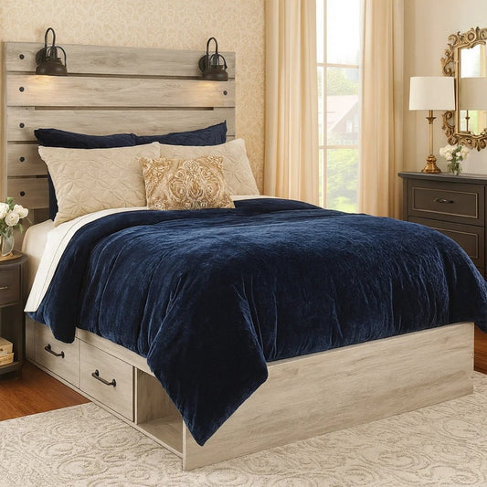 Cemy Rustic King Panel Bed | 2 Sconce Lights & Drawers | Whitewash