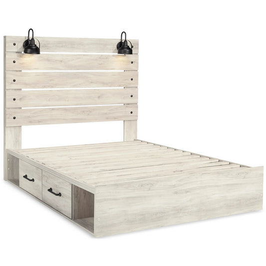 Cemy Rustic Queen Panel Bed | 2 Sconce Lights & 4 Drawers | Whitewash