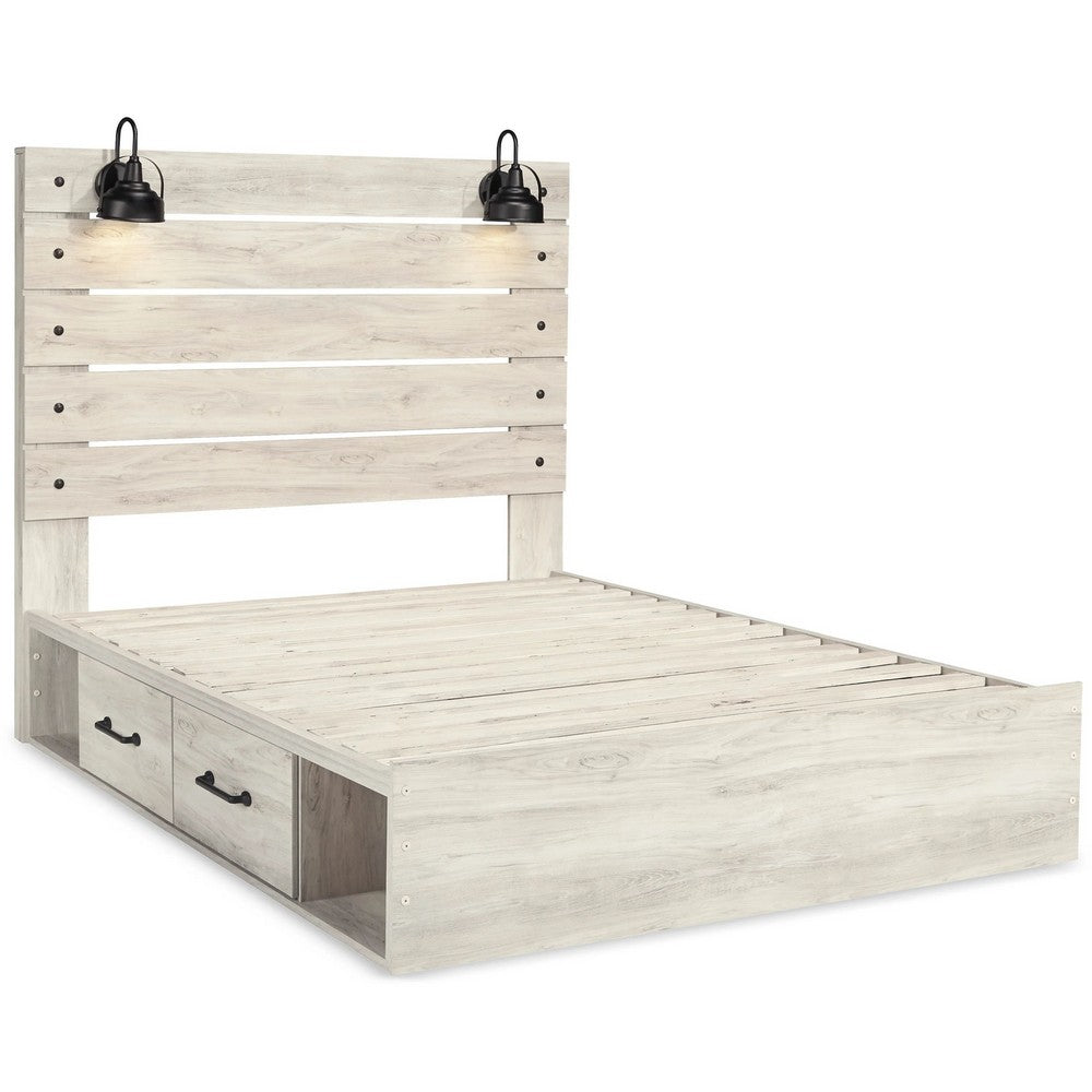 Cemy Rustic Queen Panel Bed | 2 Sconce Lights & 4 Drawers | Whitewash