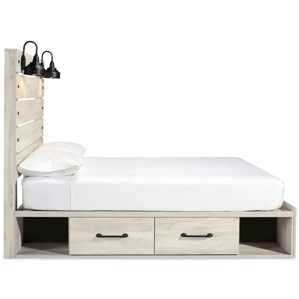 Cemy Rustic Queen Panel Bed | 2 Sconce Lights & 4 Drawers | Whitewash