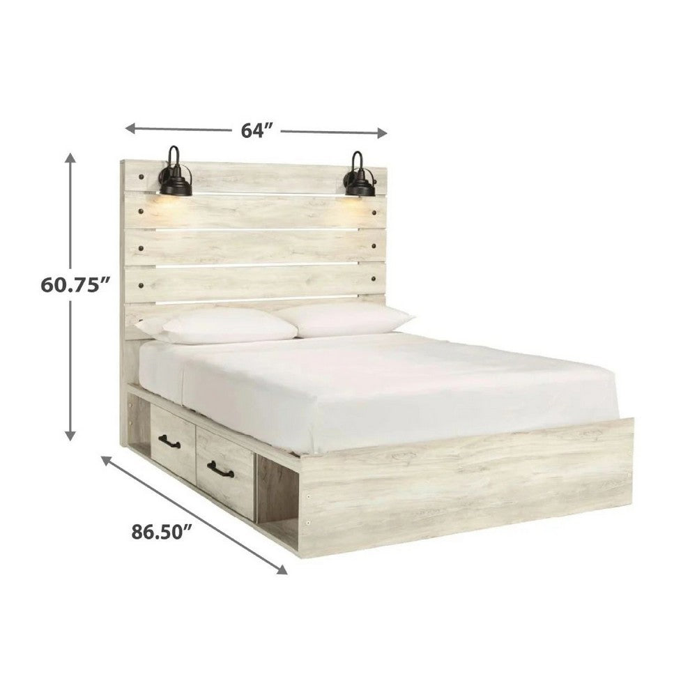Cemy Rustic Queen Panel Bed | 2 Sconce Lights & 4 Drawers | Whitewash