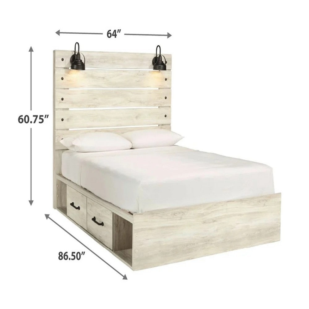 Cemy Rustic Queen Panel Bed | 2 Sconce Lights & 4 Drawers | Whitewash
