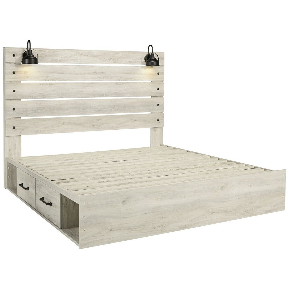 Cemy Rustic King Panel Bed | 2 Sconce Lights & 4 Drawers | Whitewash