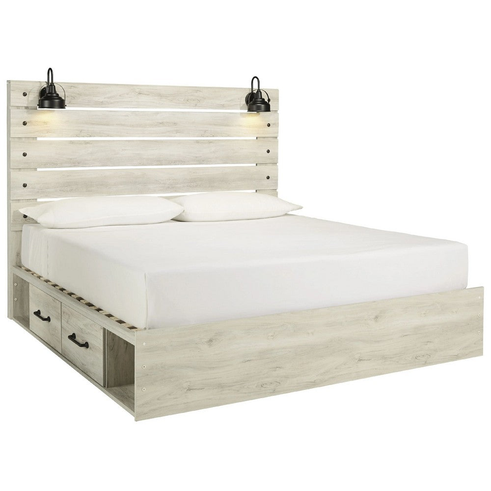 Cemy Rustic King Panel Bed | 2 Sconce Lights & 4 Drawers | Whitewash