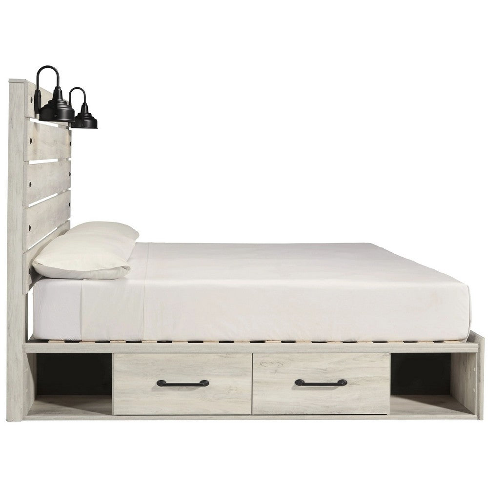 Cemy Rustic King Panel Bed | 2 Sconce Lights & 4 Drawers | Whitewash