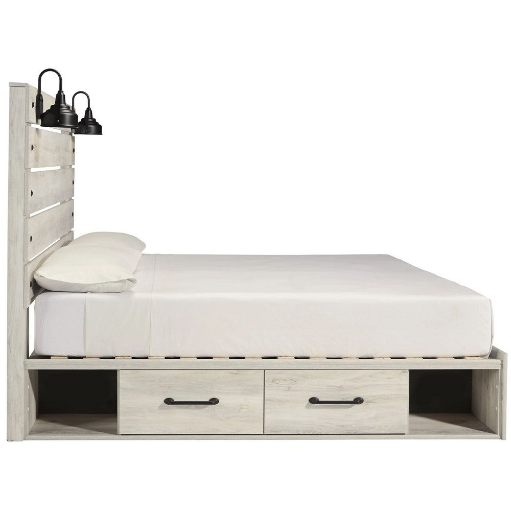 Cemy Rustic King Panel Bed | 2 Sconce Lights & 4 Drawers | Whitewash
