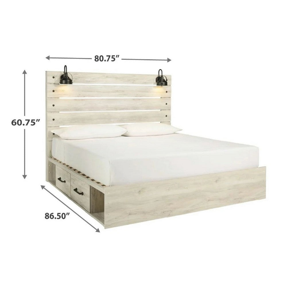 Cemy Rustic King Panel Bed | 2 Sconce Lights & 4 Drawers | Whitewash
