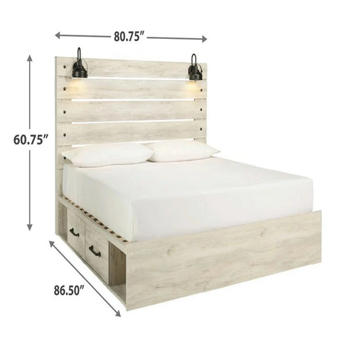 Cemy Rustic King Panel Bed | 2 Sconce Lights & 4 Drawers | Whitewash