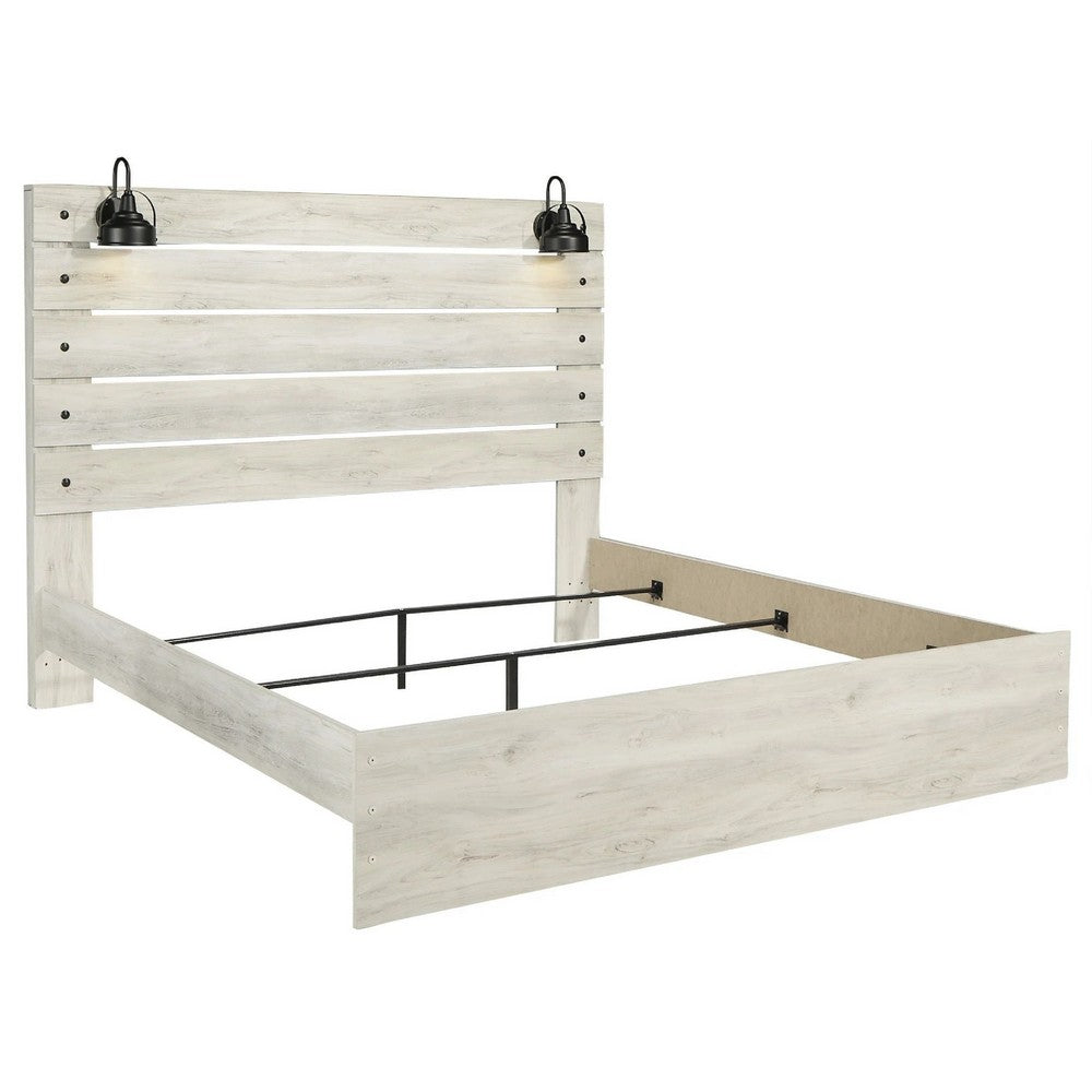 Cemy King Size Bed | Open Slat Headboard w 2 Sconce Lights Whitewash