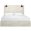 Cemy King Size Bed | Open Slat Headboard w 2 Sconce Lights Whitewash