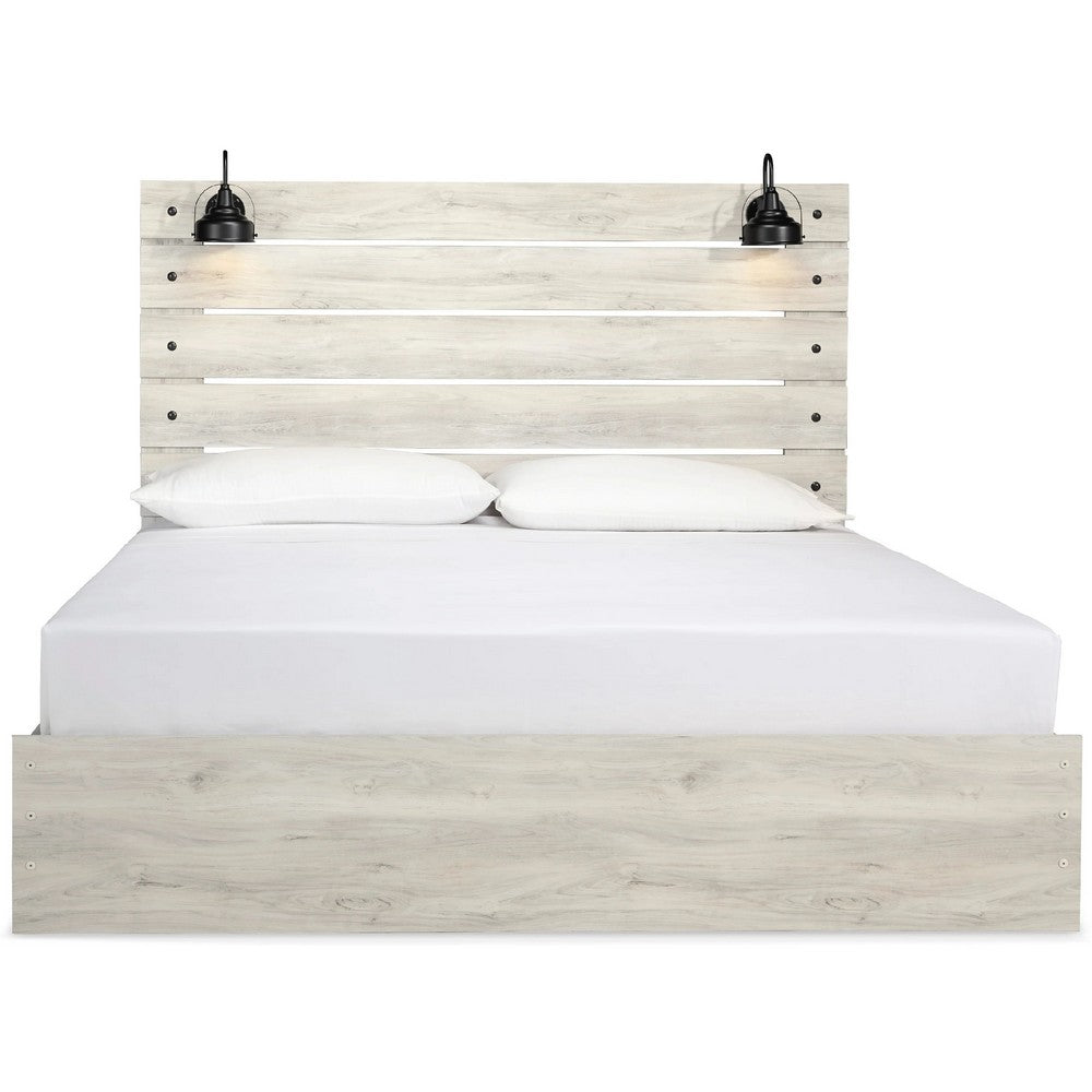 Cemy King Size Bed | Open Slat Headboard w 2 Sconce Lights Whitewash