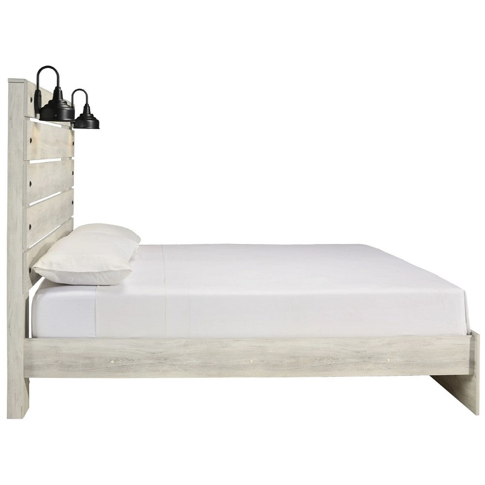 Cemy King Size Bed | Open Slat Headboard w 2 Sconce Lights Whitewash