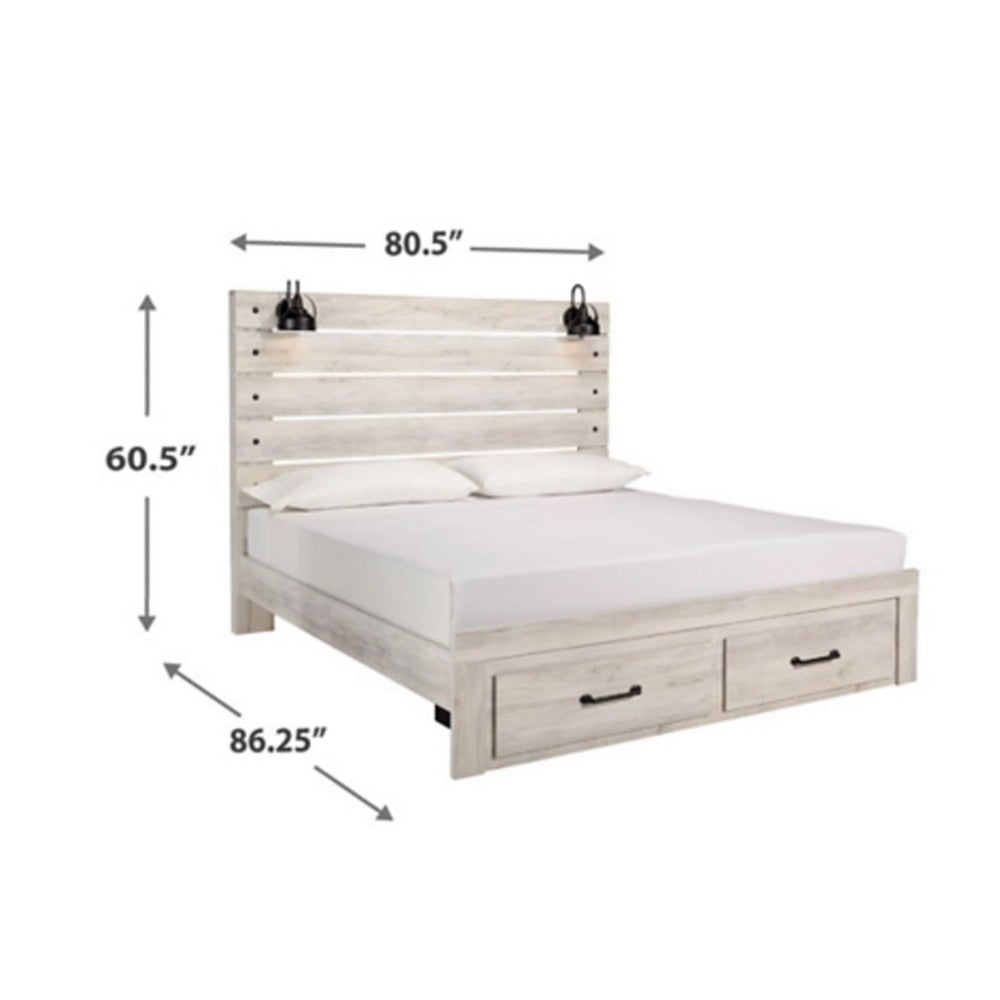 Cemy King Size Bed | 2 Footboard Drawers | 2 Sconce Lights | Whitewash
