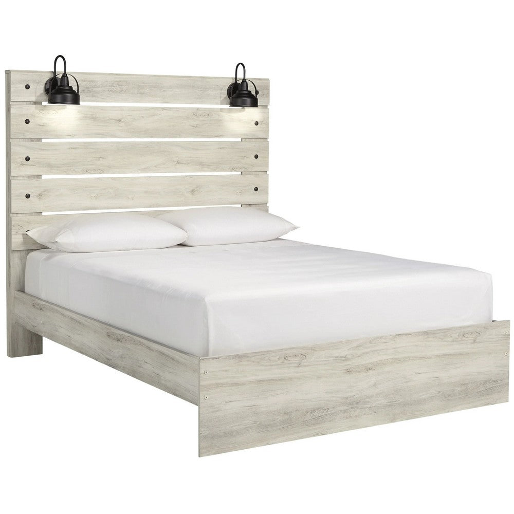 Cemy Queen Size Bed | Open Slat Headboard w 2 Sconce Lights | Whitewash