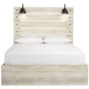 Cemy Queen Size Bed | Open Slat Headboard w 2 Sconce Lights | Whitewash