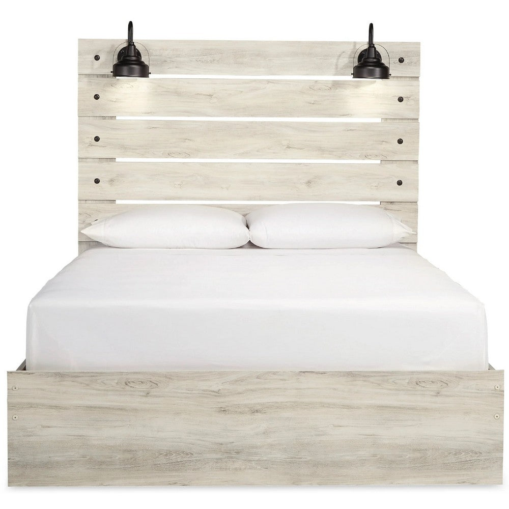 Cemy Queen Size Bed | Open Slat Headboard w 2 Sconce Lights | Whitewash