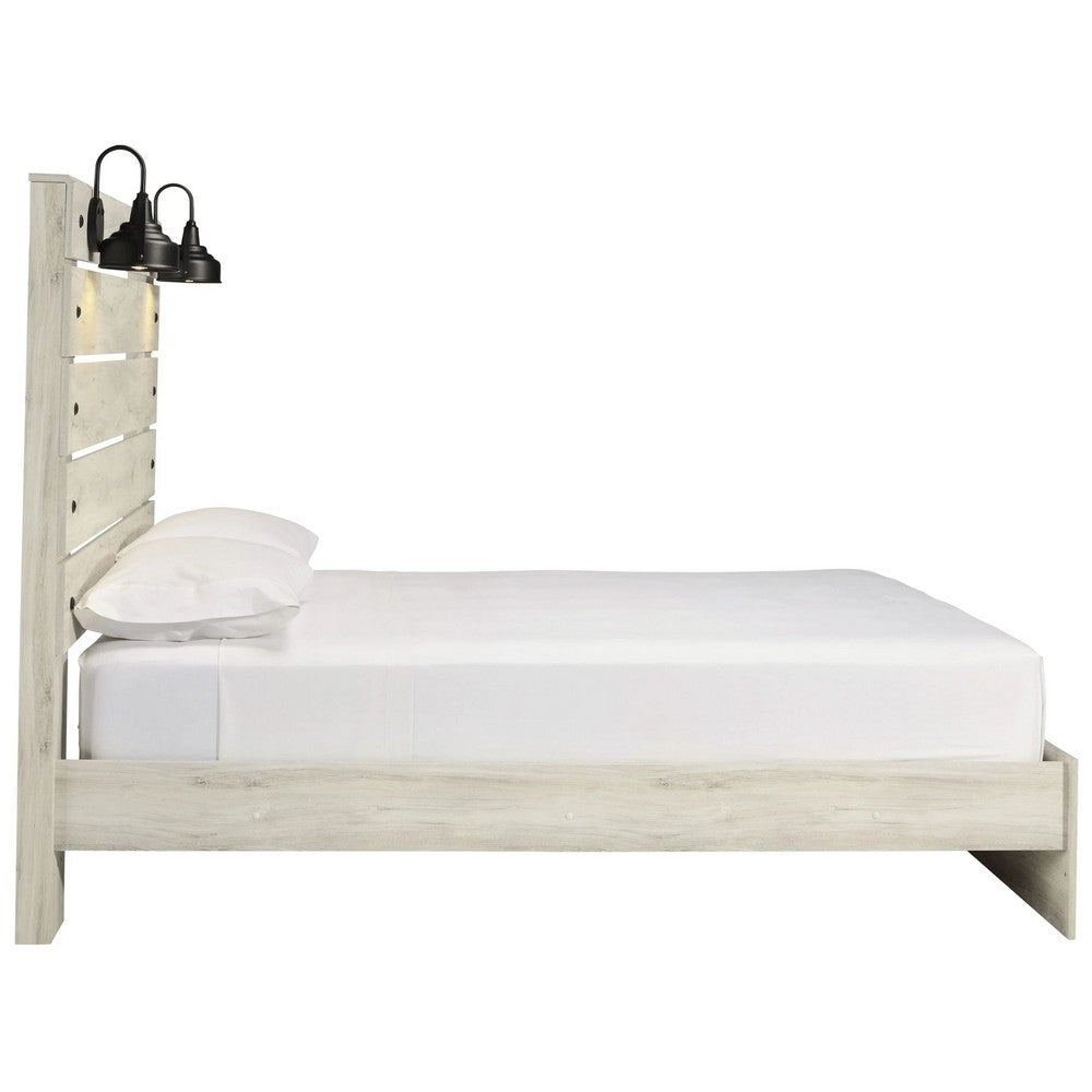 Cemy Queen Size Bed | Open Slat Headboard w 2 Sconce Lights | Whitewash