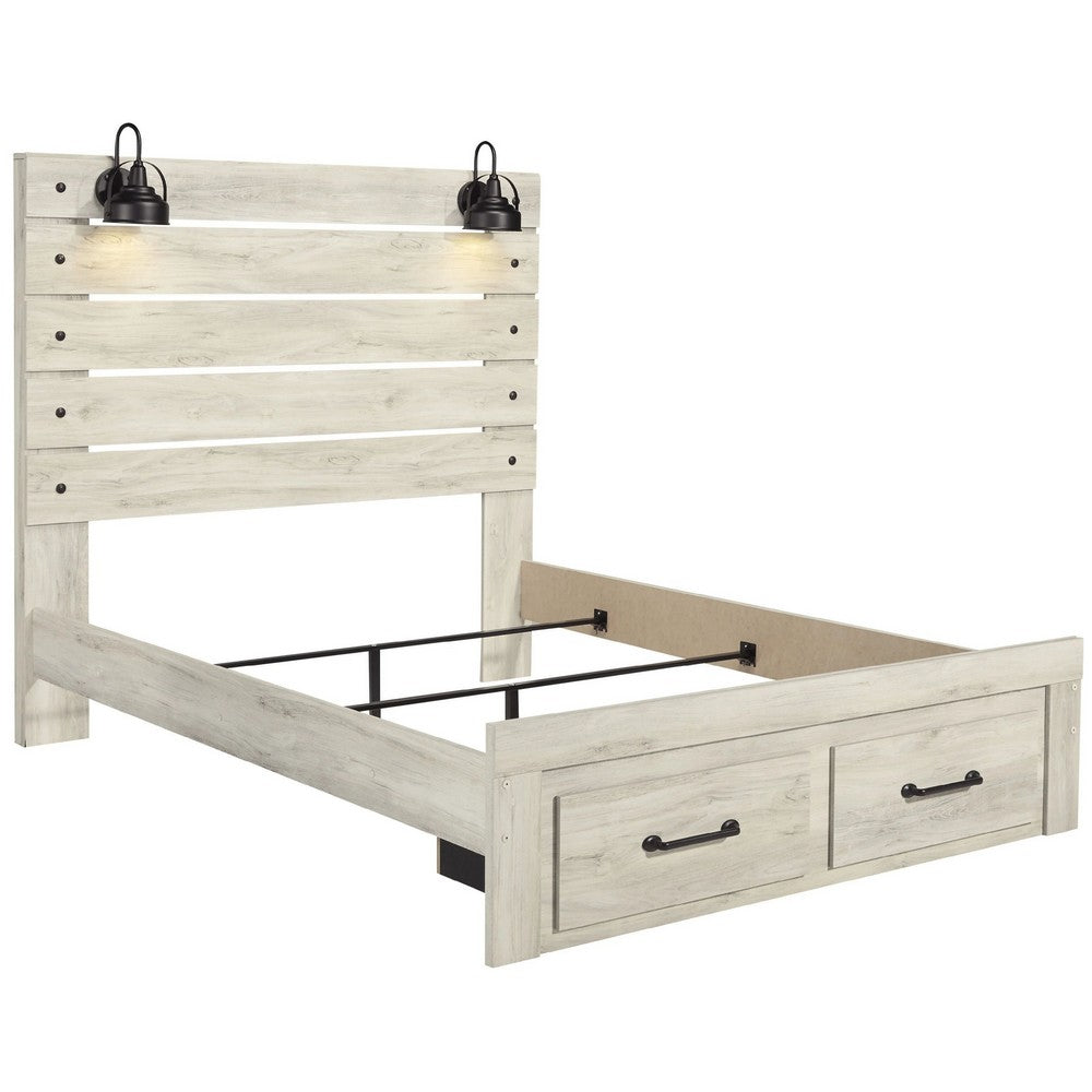 Cemy Queen Size Bed | 2 Footboard Drawers | 2 Sconce Lights | Whitewash