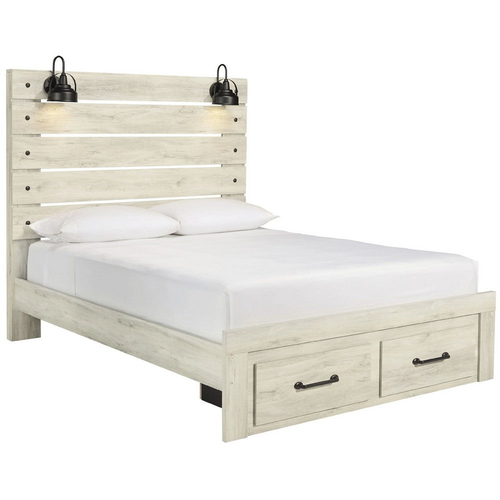 Cemy Queen Size Bed | 2 Footboard Drawers | 2 Sconce Lights | Whitewash