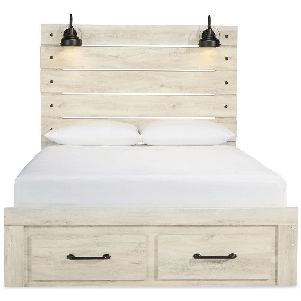 Cemy Queen Size Bed | 2 Footboard Drawers | 2 Sconce Lights | Whitewash