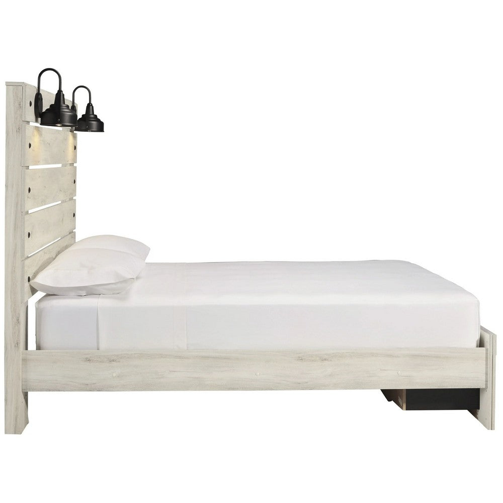 Cemy Queen Size Bed | 2 Footboard Drawers | 2 Sconce Lights | Whitewash