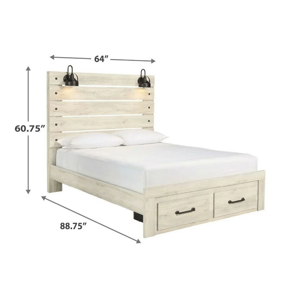 Cemy Queen Size Bed | 2 Footboard Drawers | 2 Sconce Lights | Whitewash