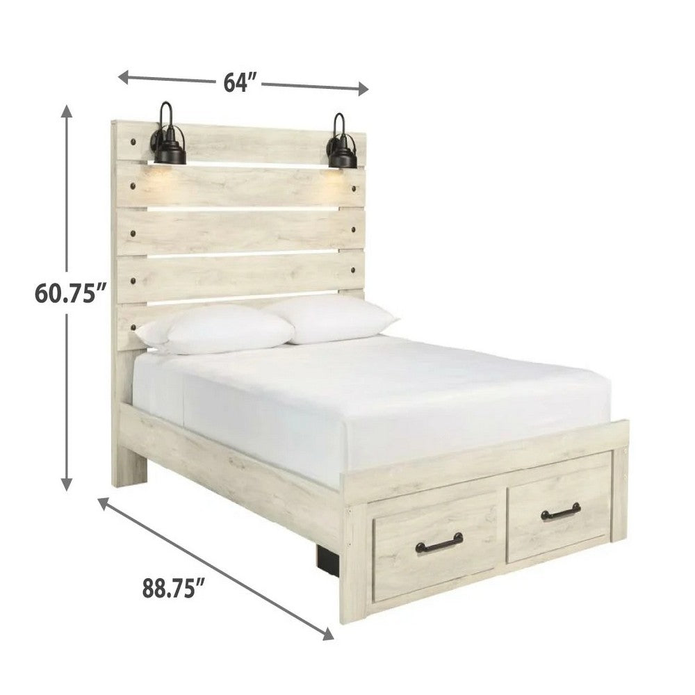 Cemy Queen Size Bed | 2 Footboard Drawers | 2 Sconce Lights | Whitewash
