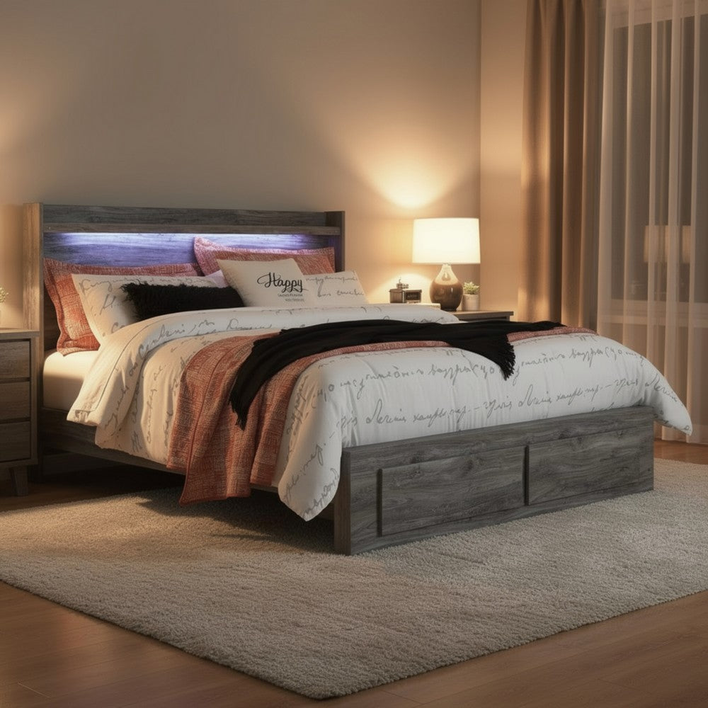 Bays King Size Storage Bed with 2 Drawers | Driftwood Smoke Gray | LED