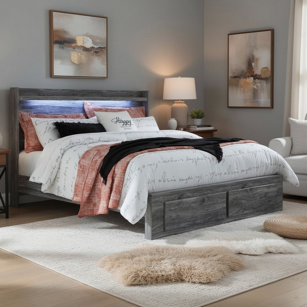 Bays King Size Storage Bed with 2 Drawers | Driftwood Smoke Gray | LED