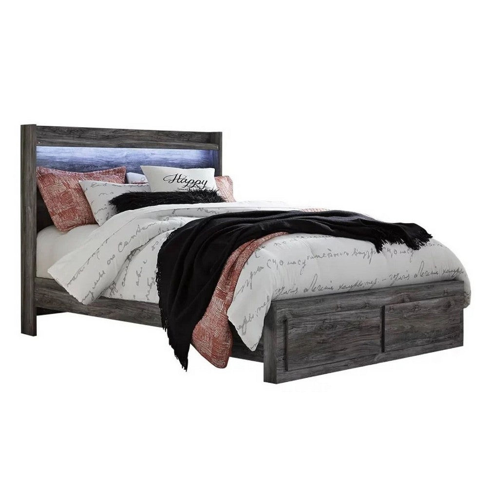 Bays Queen Size Storage Bed with 2 Drawers | Driftwood Smoke Gray | LED