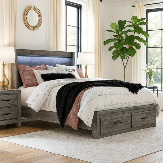 Bays Queen Size Storage Bed with 2 Drawers | Driftwood Smoke Gray | LED