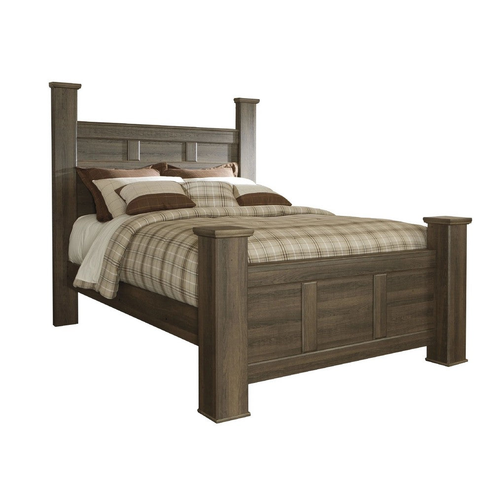 Joi Queen Size Poster Bed | Plank Design | Aged Oak Brown Rough Sawn