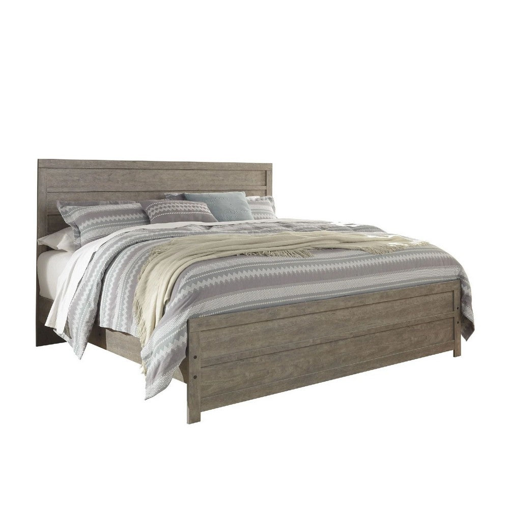 Kulv King Size Panel Bed w Plank-Style Design | Vintage Gray Wood