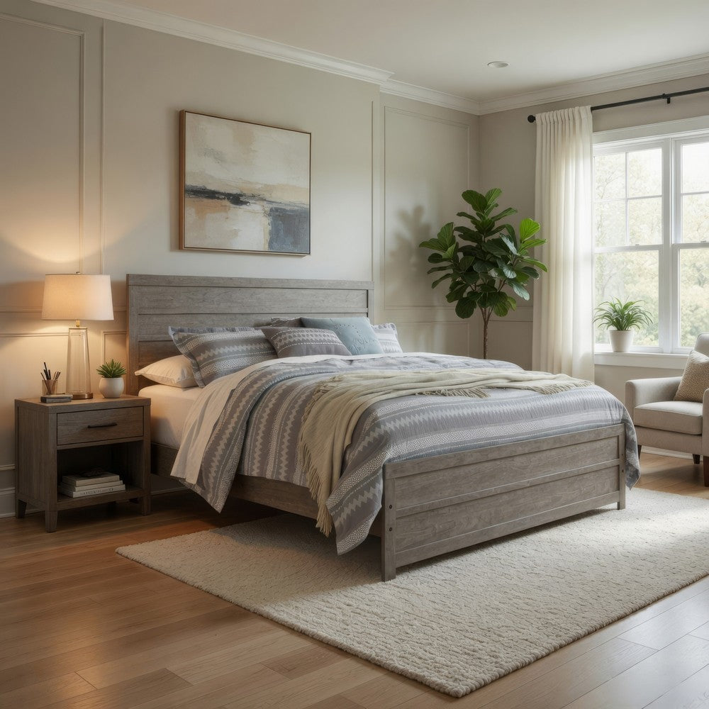 Kulv King Size Panel Bed w Plank-Style Design | Vintage Gray Wood