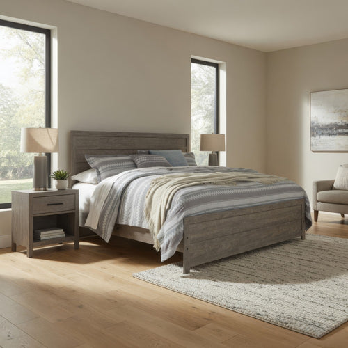 Kulv King Size Panel Bed w Plank-Style Design | Vintage Gray Wood